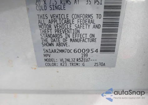 2013 Nissan Pathfinder Platinum z USA, uszkodzony, nr VIN 5N1AR2MM7DC600954